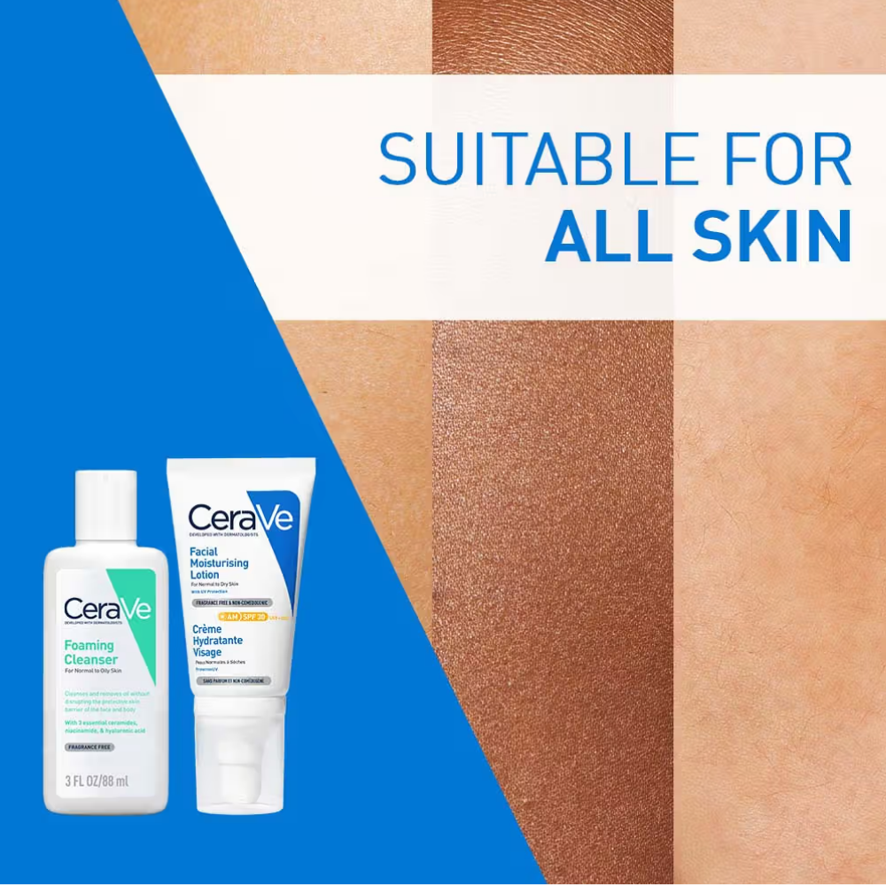 CeraVe Facewash & AM Moisturizing Lotion with SPF 30 Combo - Morning Routine for Oily Skin