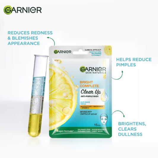 Garnier Bright Complete Anti Pimple Sheet Mask With Salicylic Acid, Niacinamide & Vitamin C Serum