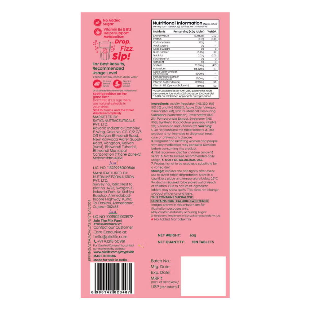 Plix Apple Cider Vinegar Effervescent Tablet with Vitamin B6 & B12 - Watermelon