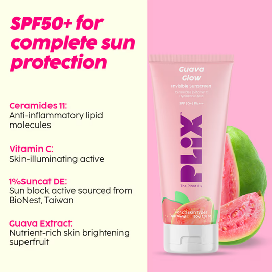 PLIX SPF 50+ Guava Glow Invisible Sunscreen Gel For UV A, UV B Protection with Ceramides and Vit C