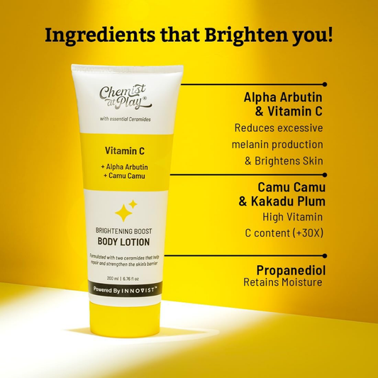 Chemist at Play Brightening Body Lotion with Ceramides | Alpha Arbutin, Camu Camu & Vitamin C | All Skin Types | For Bright, Moisturized & Glowing Skin