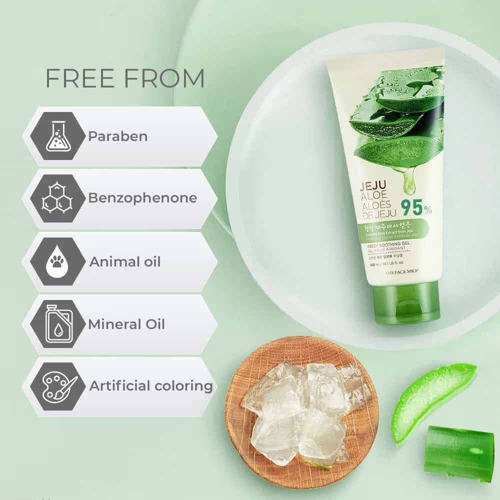 The Face Shop Jeju Aloe Fresh Soothing Gel Tube, Pure Non Sticky Aloe Gel For Body, Face & Hair