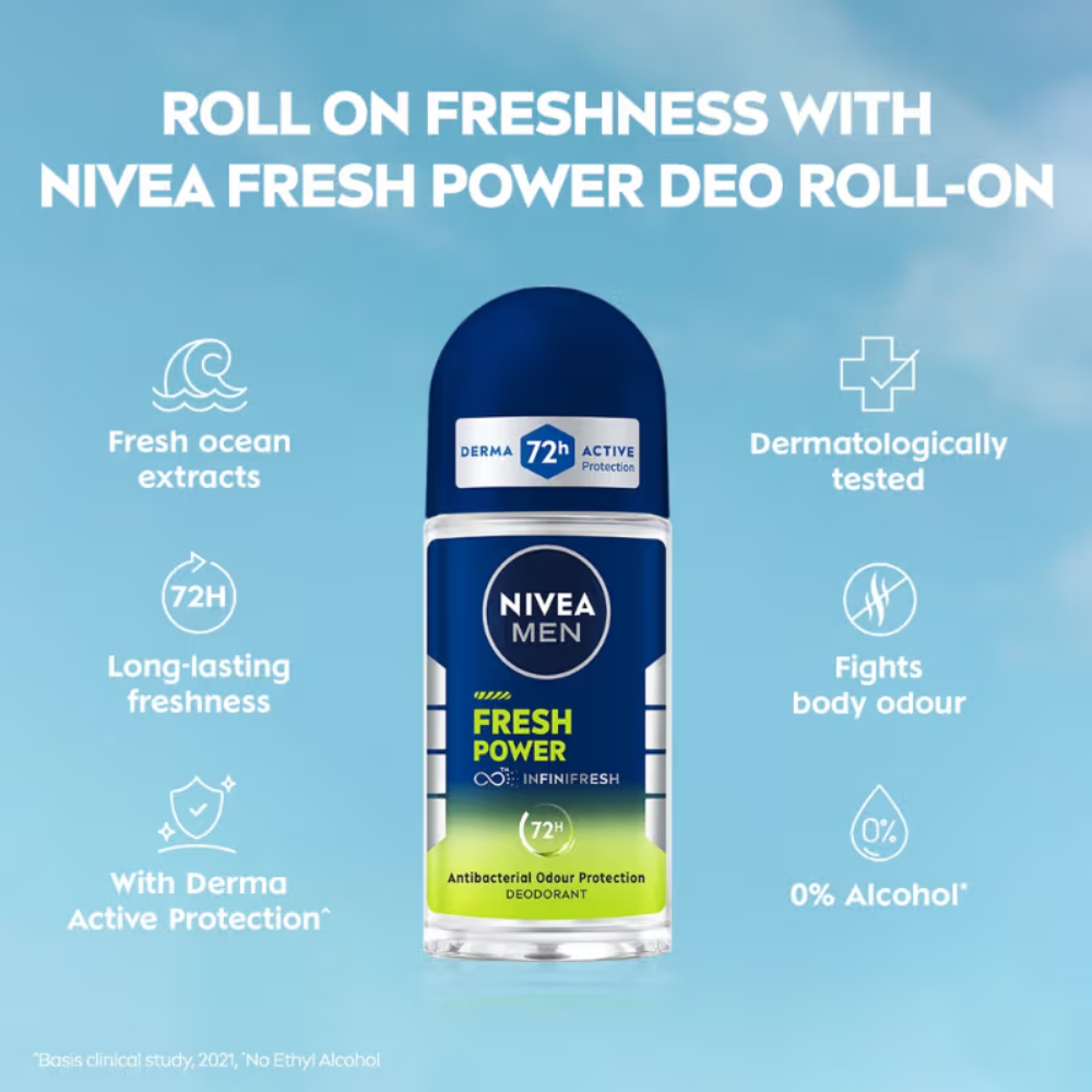 NIVEA MEN Deodorant Roll On- Fresh Power- 72h Long lasting Freshness with Fresh Musk Scent
