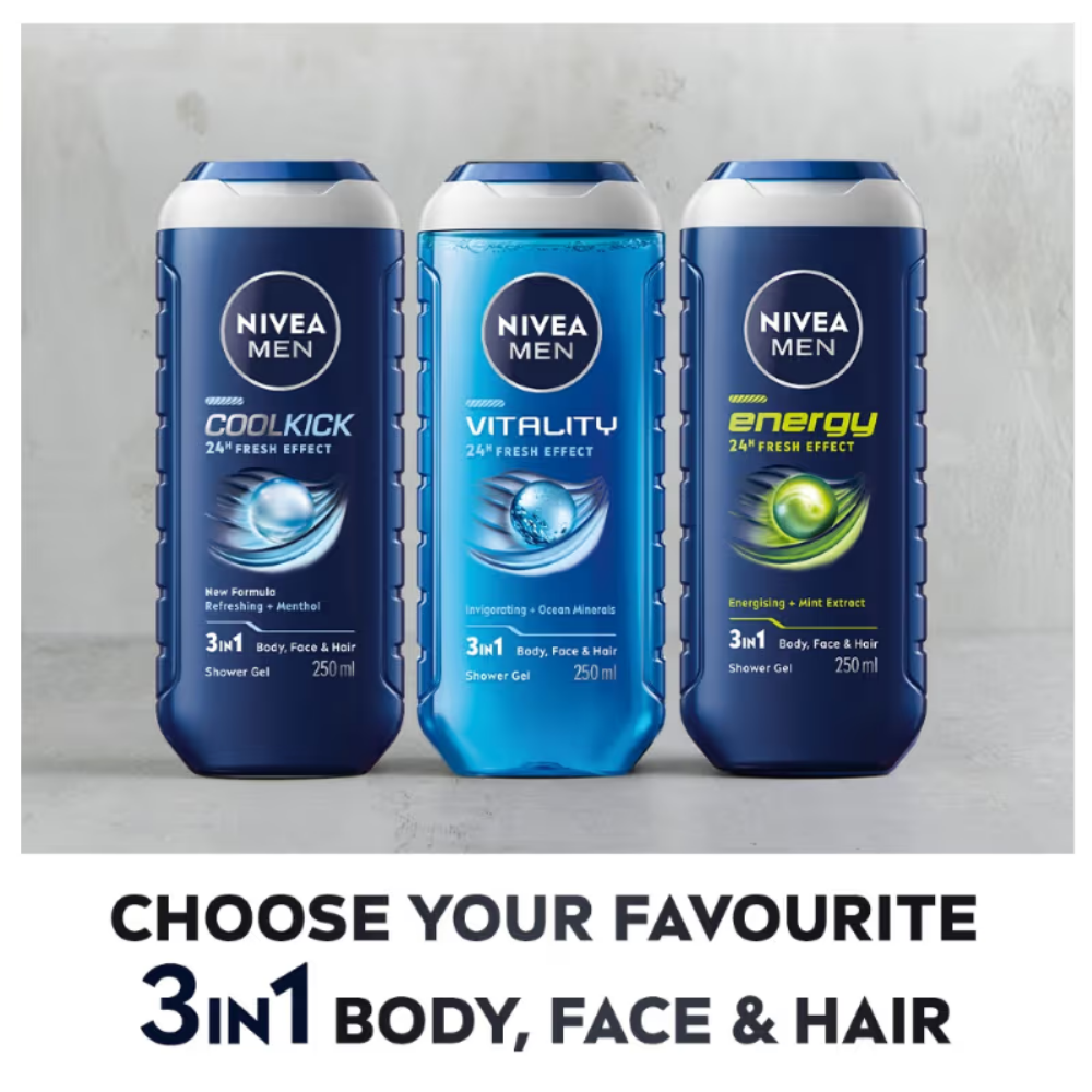 NIVEA MEN Body Wash, Vitality Fresh with Ocean Minerals, Shower Gel for Body, Face & Hair