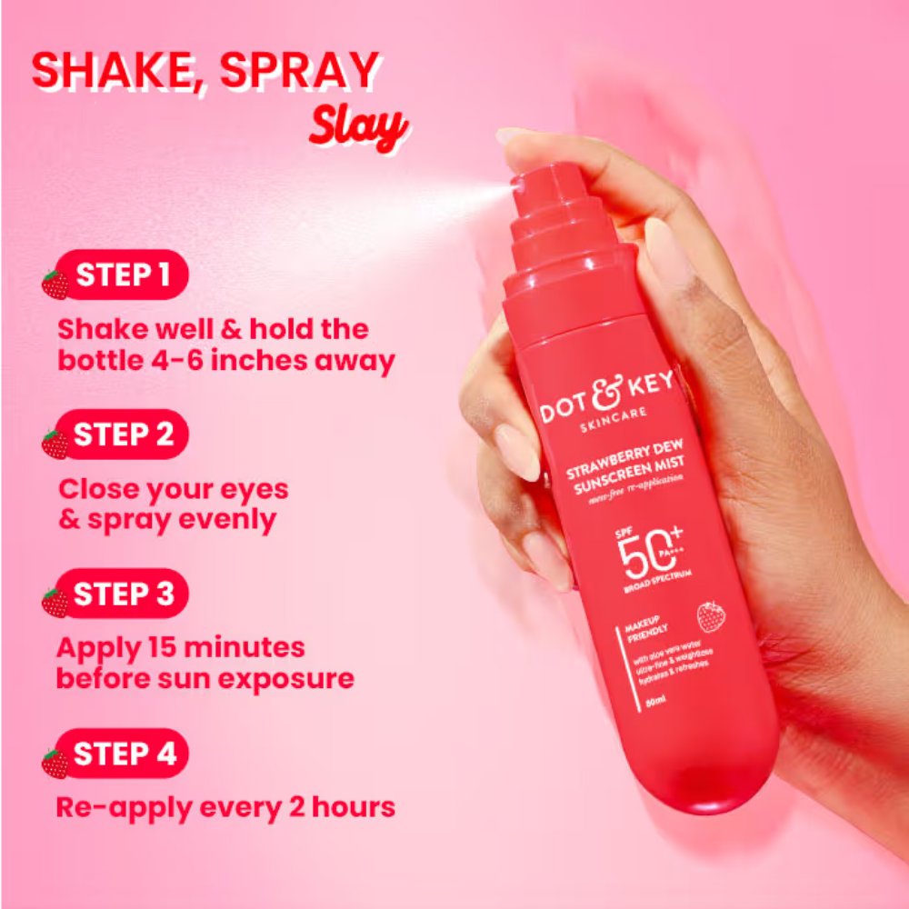 Dot & Key Strawberry Dew Sunscreen Mist In-Vivo Tested SPF 50+ PA+++, Mess-Free Re-application