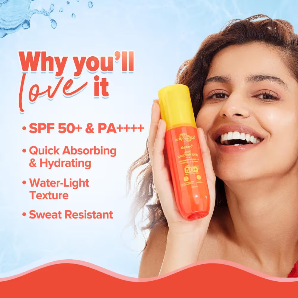 Aqualogica Detan+ Dewy Sunscreen Spray Spf 50+ Pa++++ Oxybenzone Free For All Skin Types