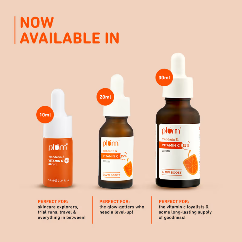 Plum Mandarin & 15% Vitamin C Glow Face Serum Dermat Tested To Fight Dark Spots & Dull Skin