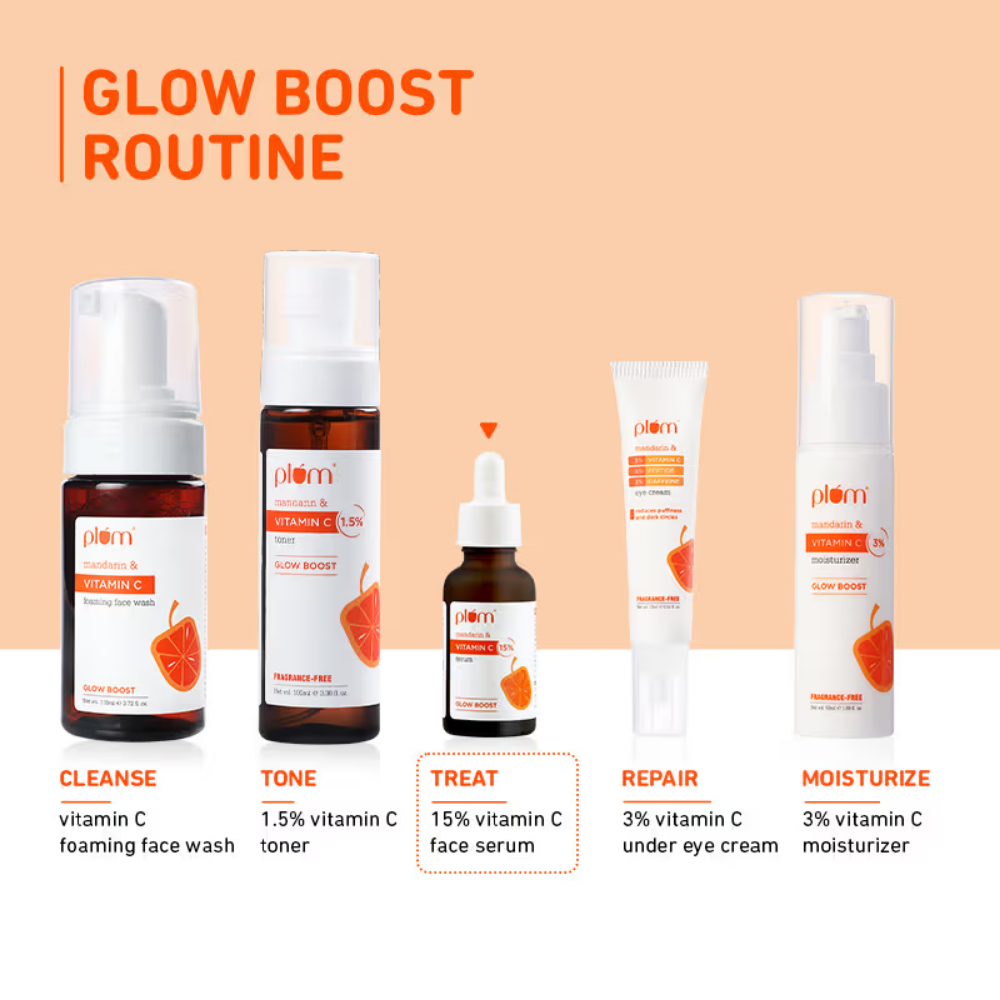 Plum Mandarin & 15% Vitamin C Glow Face Serum Dermat Tested To Fight Dark Spots & Dull Skin