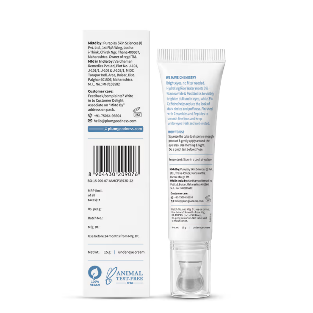 Plum Rice Water & Niacinamide 3% Under-Eye Crème, with Peptides Ceramides & Caffeine