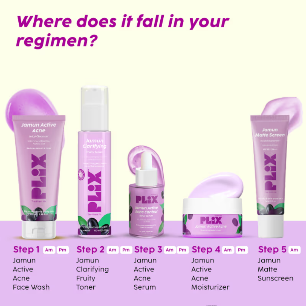 Plix Jamun Skincare Combo With Cleanser, Toner, Serum, Moisturizer & Spot Corrector For Women & Men