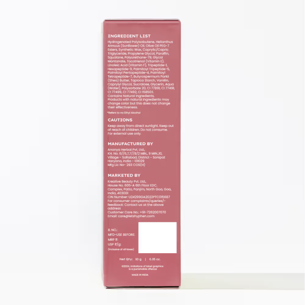 Hyphen Tinted Lip Balm - Hazel, 1% Vit E, 2% Squalane & Peptides, Brightens, Moisturizes Dry Lips
