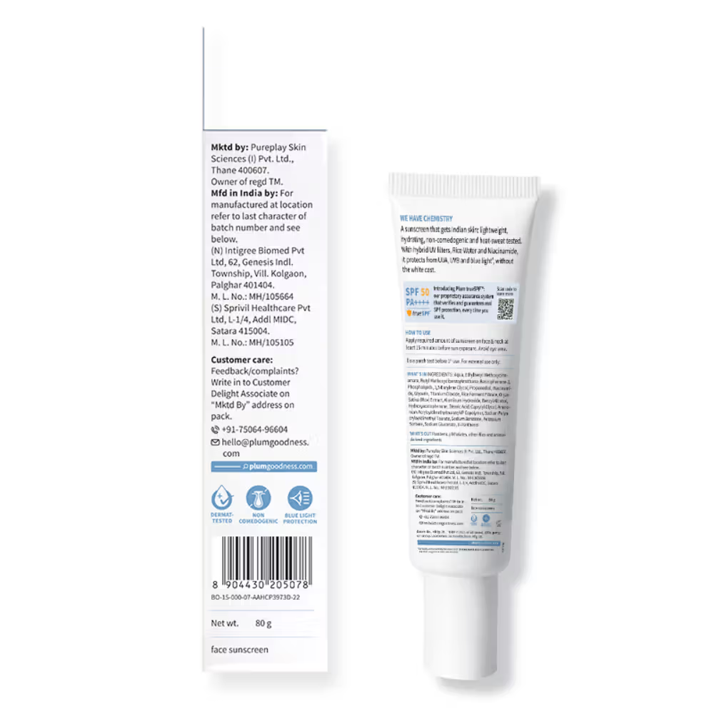 Plum 2% Niacinamide & Rice Water SPF 50 PA+++ Sunscreen - Fades Tan, For Oily To Dry Skin Type