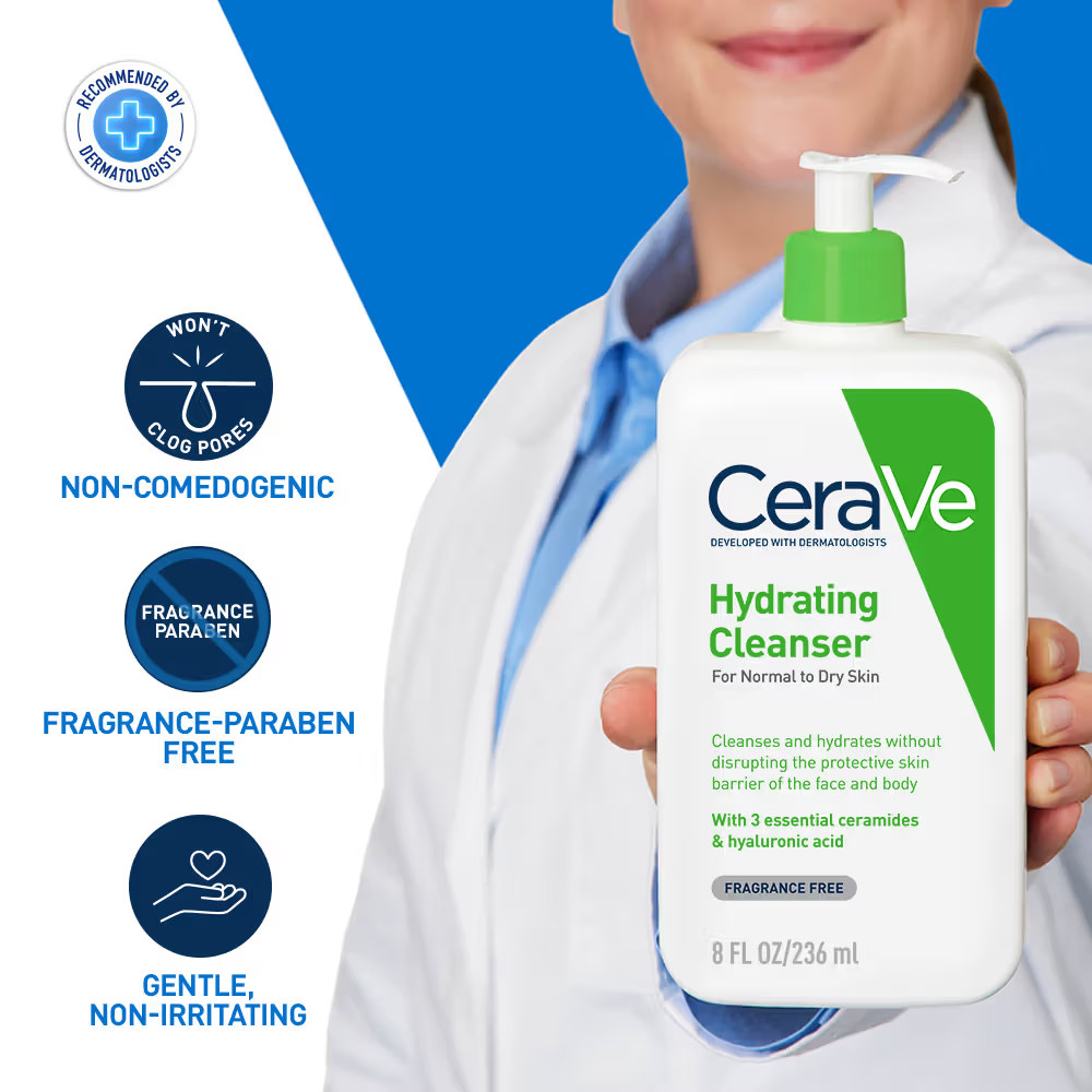 CeraVe Hydrating Cleanser Non-Foaming Face Wash for Dry Skin with Ceramides & Hyaluronic Acid