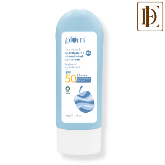 Plum Rice Water & 3% Niacinamide Sheer Tinted Sunscreen With SPF 50 PA++++, For Oily ToDrySkin