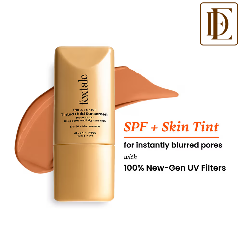 Foxtale SPF 50 PA+++ Tinted Fluid Sunscreen, Blurs Pores & Evens Skin Tone