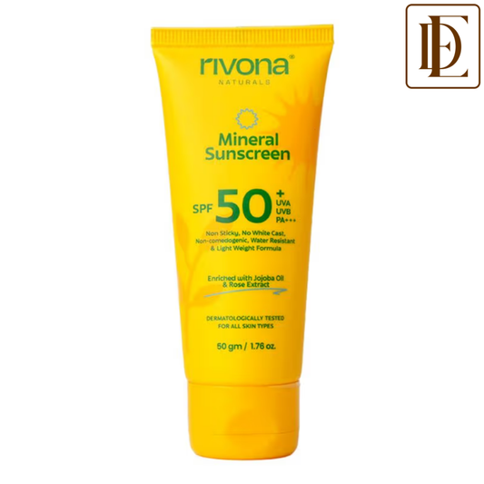 Rivona Naturals Mineral Sunscreen SPF 50 PA+++ Non-Sticky And No White Cast For All Skin Types