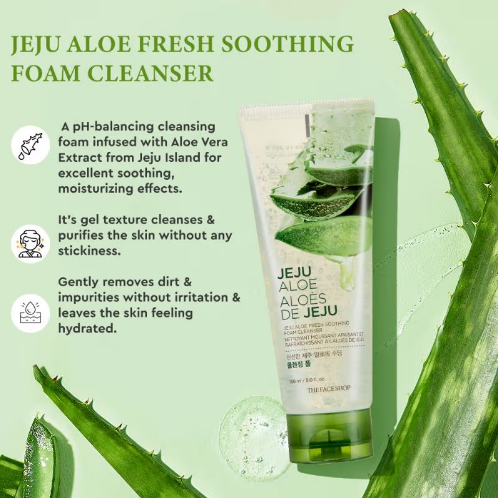 The Face Shop Jeju Aloe Fresh Soothing Foam Cleanser, Gel To Foam Hydrating & Cooling Face Wash