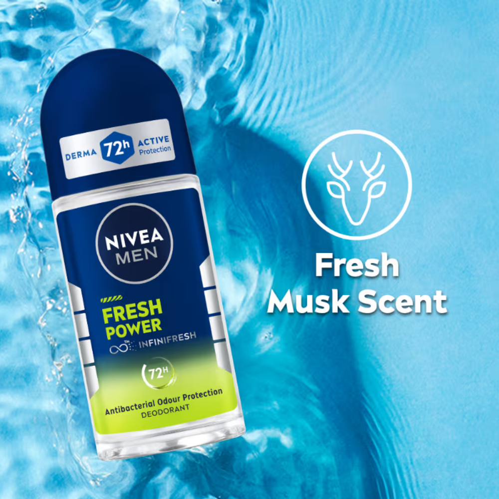 NIVEA MEN Deodorant Roll On- Fresh Power- 72h Long lasting Freshness with Fresh Musk Scent
