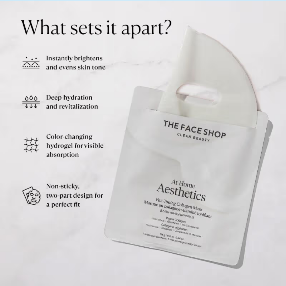 The Face Shop Korean Hydro Gel Sheet Mask - Vitamins, Vegan Collagen, Glutathione & Hyaluronic Acids