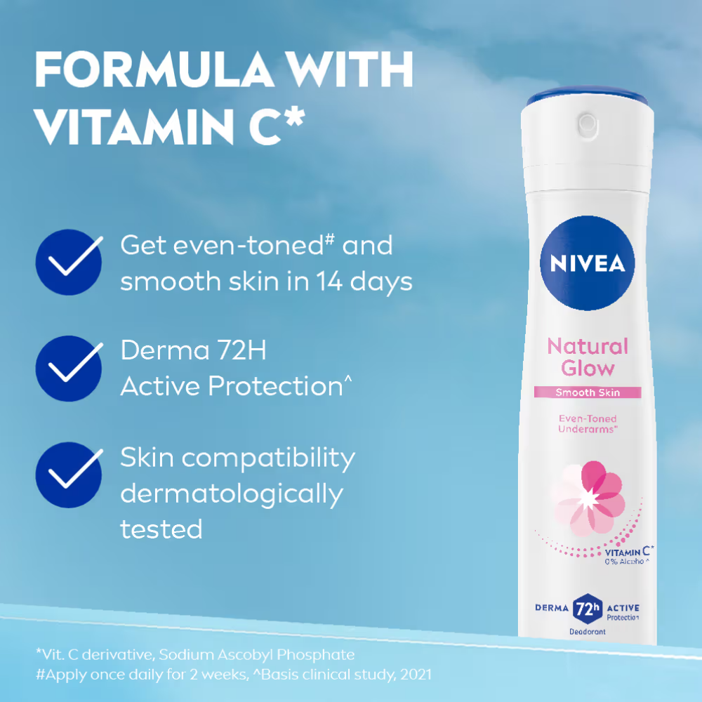 NIVEA Natural Glow Smooth Skin Deo - Mulethi Extracts & 0% Alcohol - For Even Tone Underarms & 72H Odour Protection