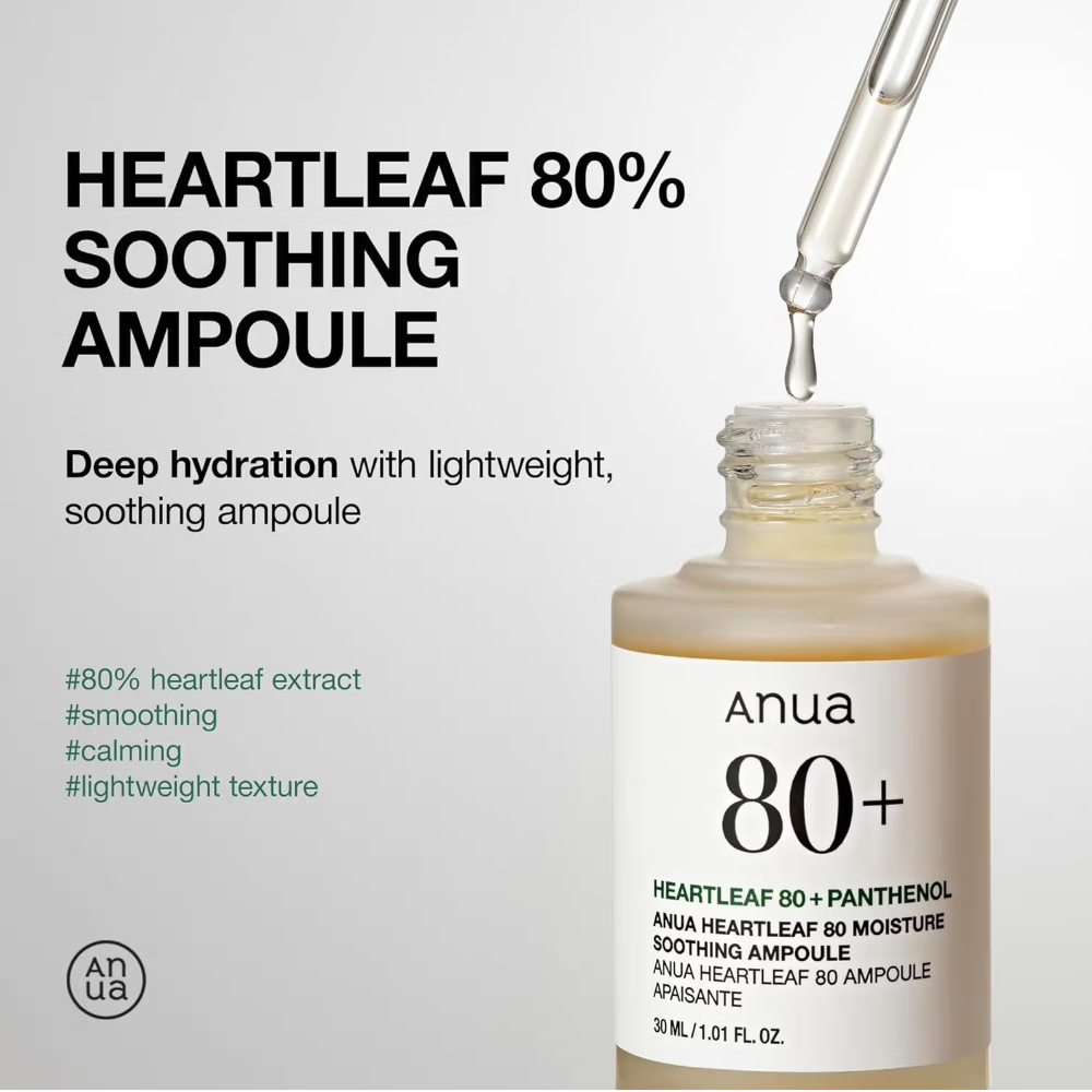 Anua Heartleaf 80 Moisture Soothing Ampoule with Hyaluronic Acid, Hydrates & Reduces Redness
