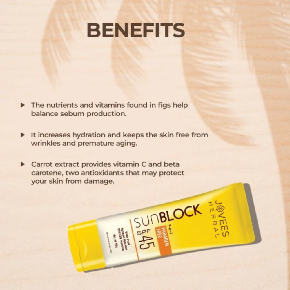 Jovees Herbal Sun Block Sunscreen SPF 45 For Normal To Dry Skin UVA/UVB Protection, Moisturization