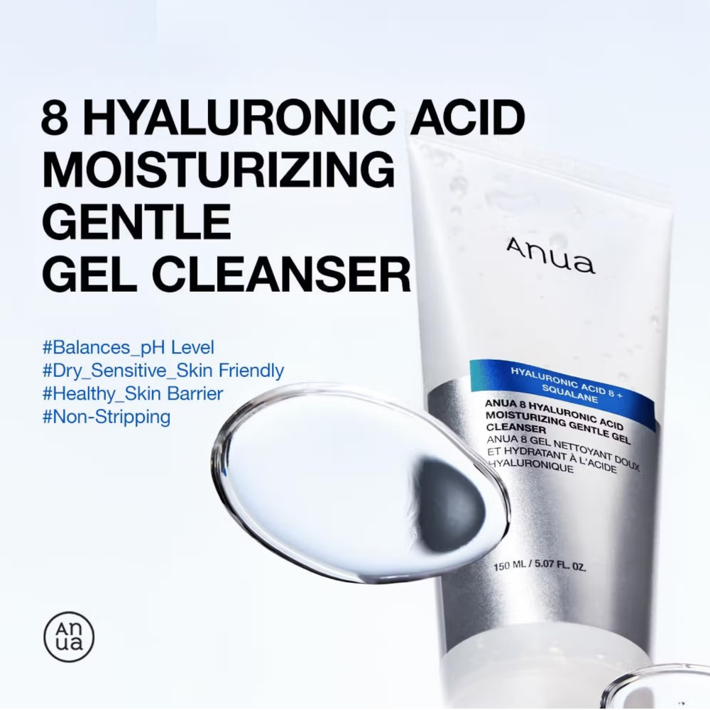 Anua 8 Hyaluronic Acid Moisturizing Gentle Gel Cleanser with Ceramides For Soft Skin, pH Balanced