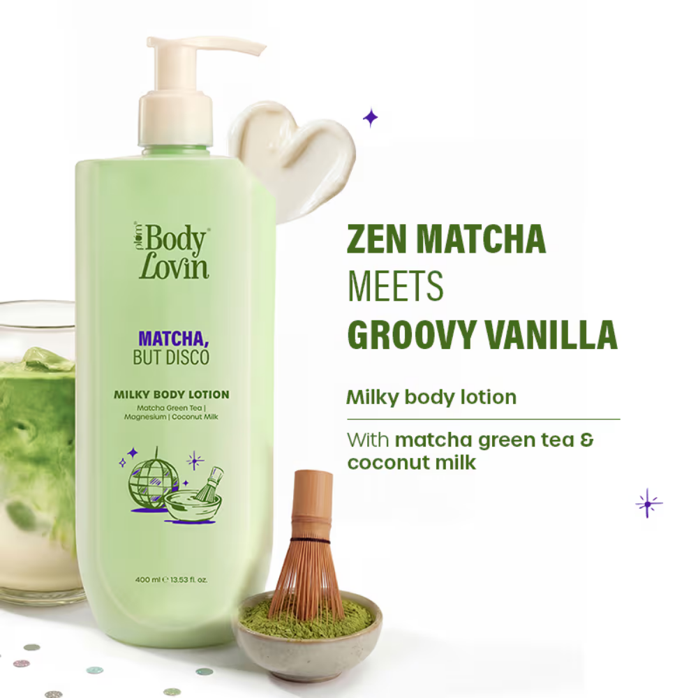 Plum BodyLovin’ Matcha, But Disco Milky Body Lotion, Calming Smoothening, Lactonic Matcha Fragrance