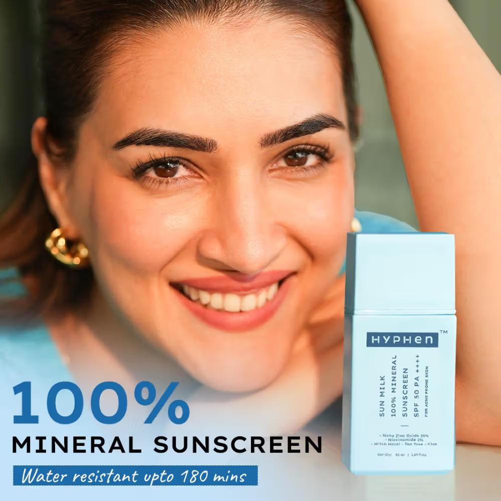 Hyphen Sun Milk 100% Mineral Sunscreen SPF 50 PA++++ 25% Nano Zinc Oxide For Acne Prone, Oily Skin