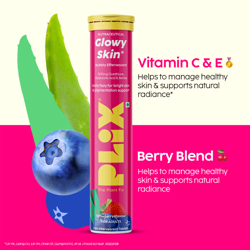 Plix (Strawberry) Glutathione Skin Glow 15 Effervescent Tablet 500mg for Clear & Youthful Skin