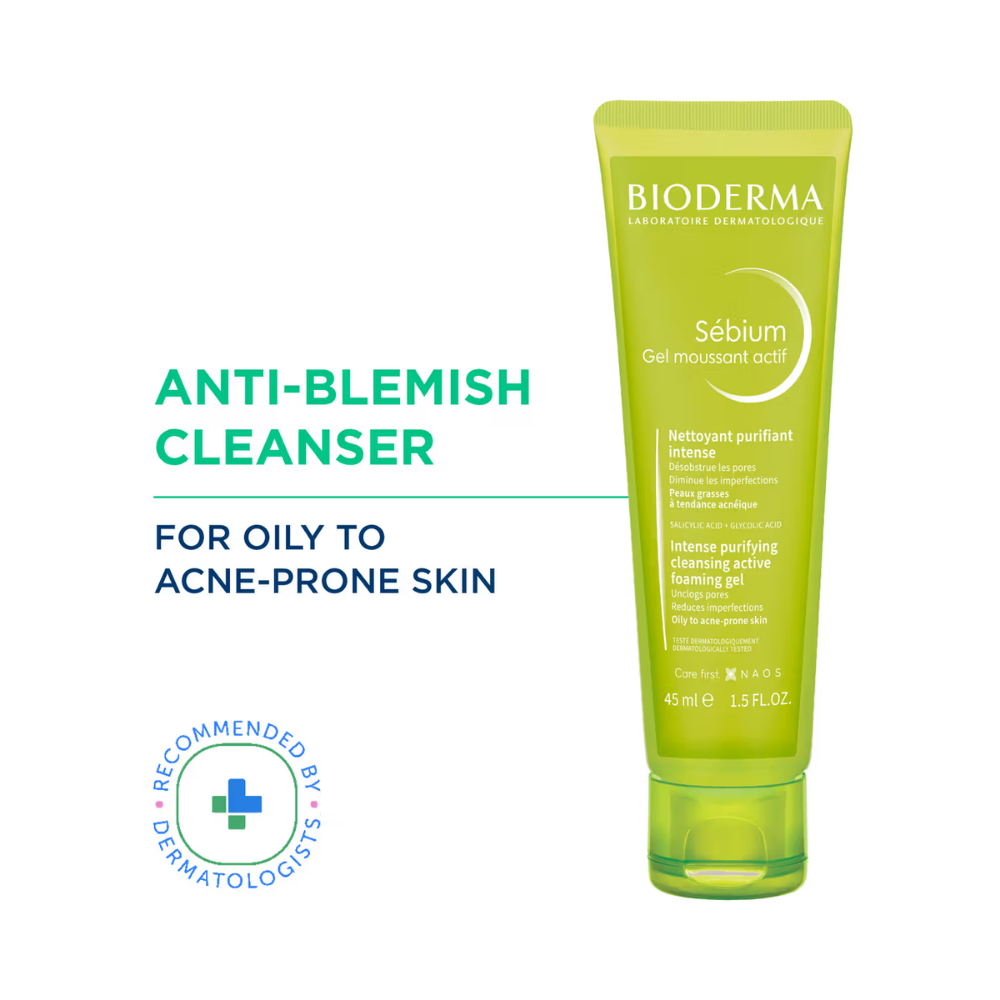 Bioderma Sebium Gel Moussant Actif Cleanser with Salicylic & Glycolic Acid for Acne Prone, Oily Skin