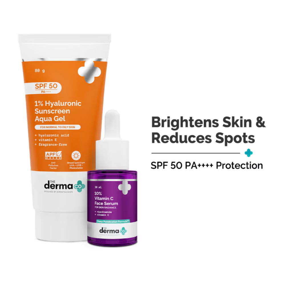 The Derma Co Hyaluronic Sunscreen & Vitamin C Serum Combo SPF 50+ for All Skin Types, Glowing Skin