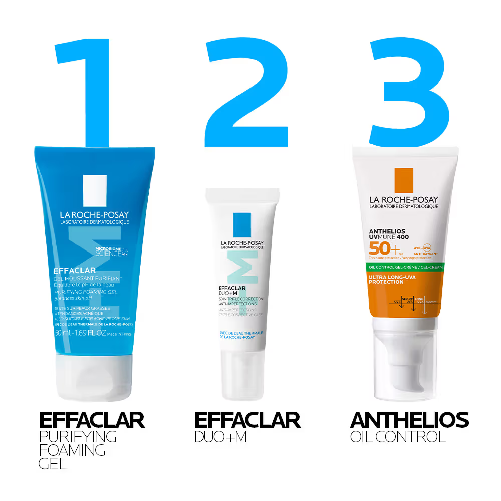 La Roche-Posay 3-Step Skin Routine For Acne, 3-Step Anti-Acne Combo with Matte Finish SPF 50+