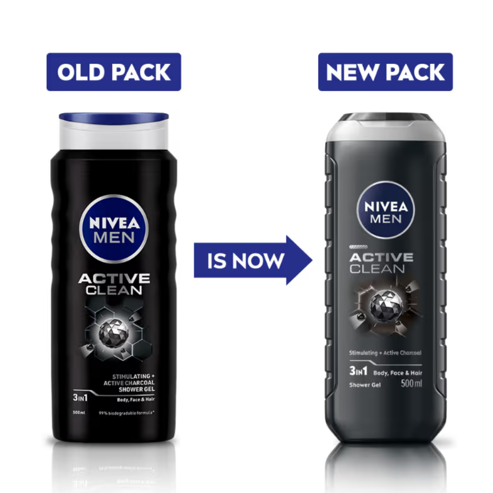 NIVEA MEN Body Wash, Active Clean with Active Charcoal, Shower Gel for Body, Face & Hair