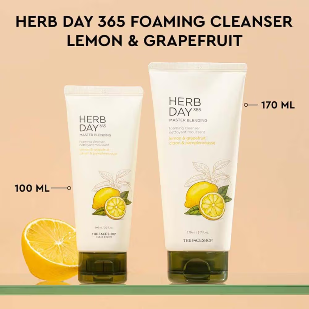 The Face Shop Herb Day 365 Cleanser - Korean Brightening Face Wash with Vitamin C for Oily Skin