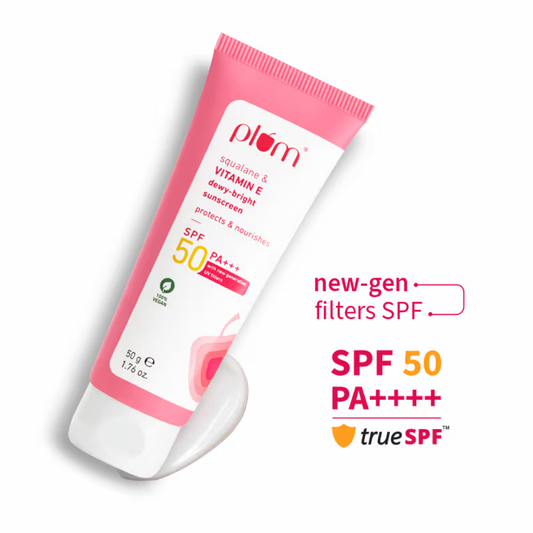 Plum Squalane & Vitamin E Dewy-Bright SPF 50 PA+++ Sunscreen For Normal To Dry Skin Type, New UV Filters