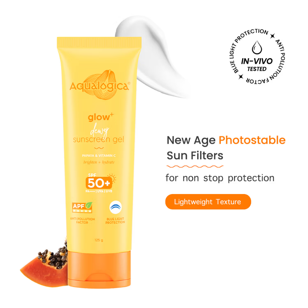 Aqualogica Glow+ Dewy Lightweigh Sunscreen Gel SPF 50+ PA++++ with Papaya & Vitamin C