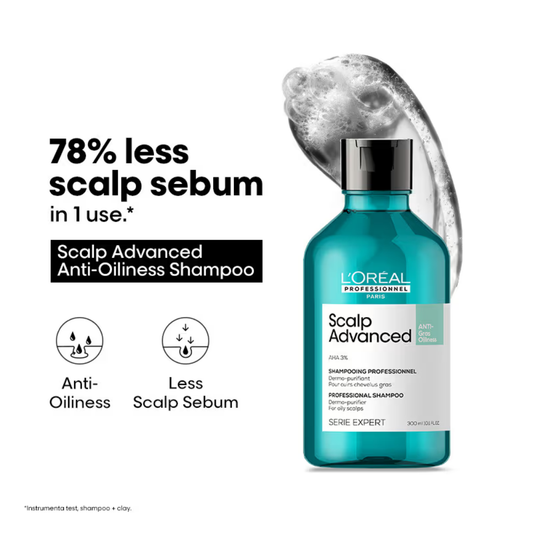 L’Oréal Professionnel Scalp Advanced Anti-Oiliness Shampoo for Oily Scalp, Less scalp sebum, 3% AHA