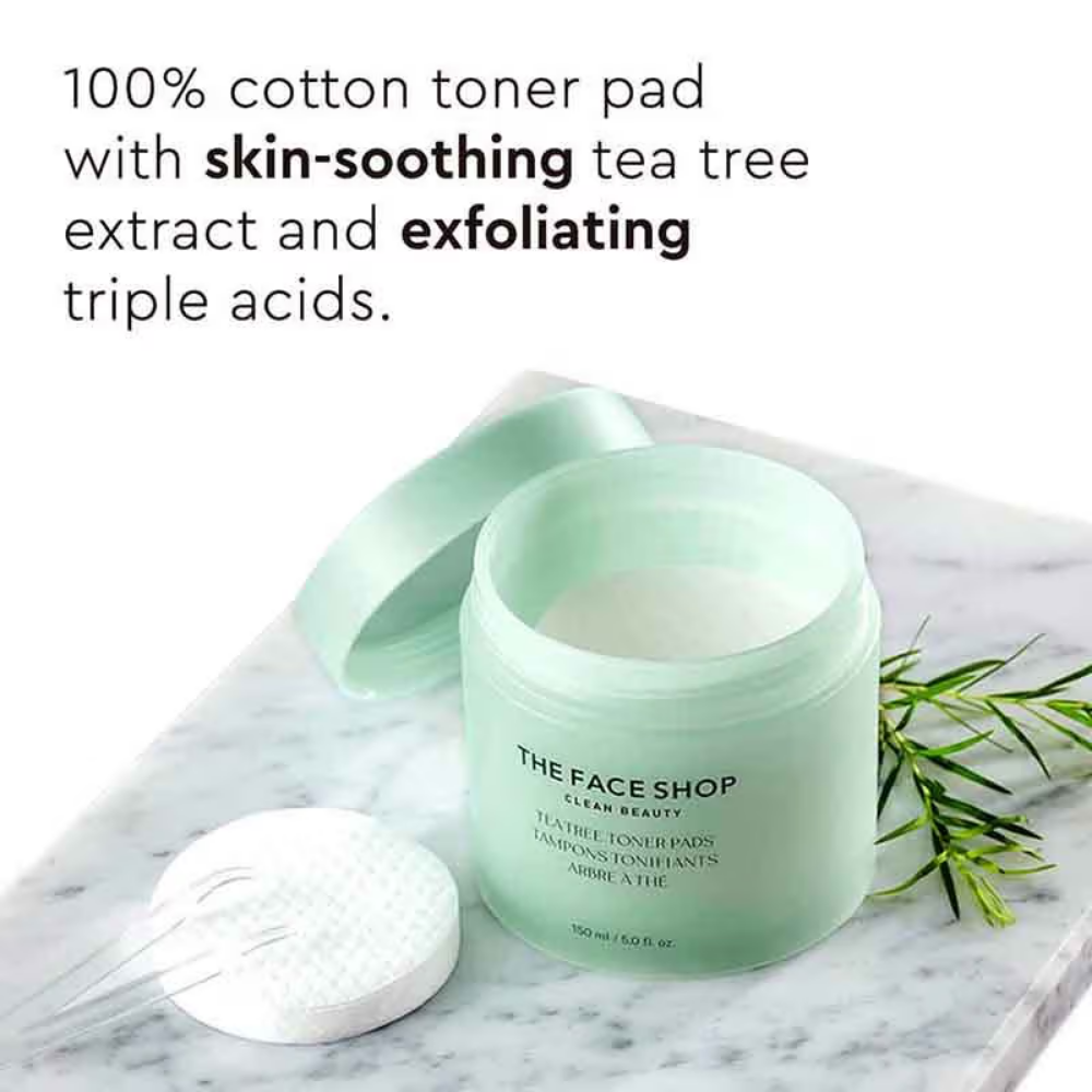 The Face Shop Tea Tree Korean Toner Pads with AHA, Salicylic Acid (BHA) & PHA for Acne & Oily Skin