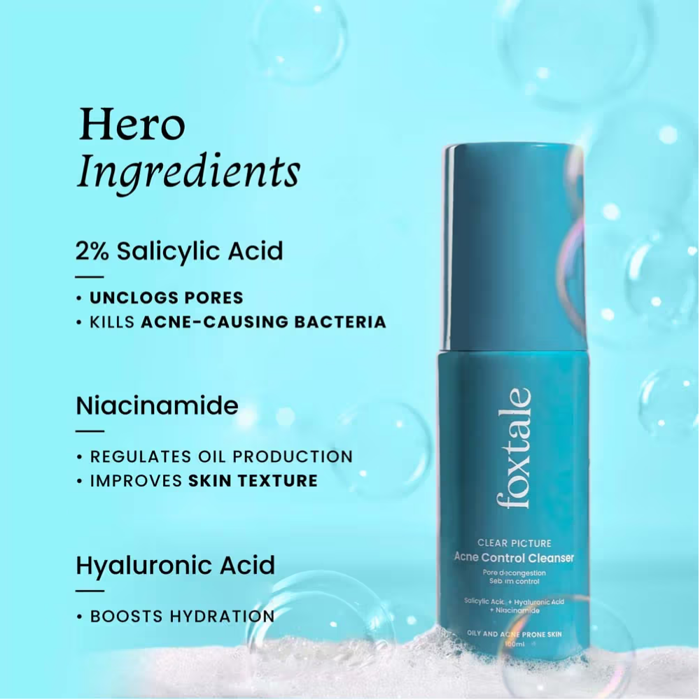 Foxtale Acne Control Cleanser with Salicylic Acid & Niacinamide, Controls Oil & Fights Acne