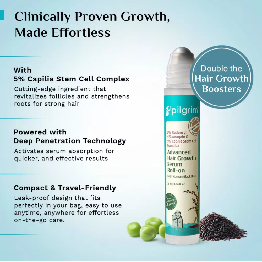 Pilgrim 3% Redensyl & 4% Anagain Advance Hair Growth Serum Roll-On With Rosemary & Korean Black Rice