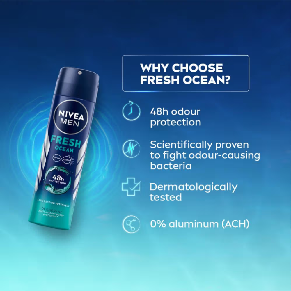 NIVEA MEN Deodorant, Fresh Ocean, 48h Long lasting Freshness with Fresh Aqua Scent