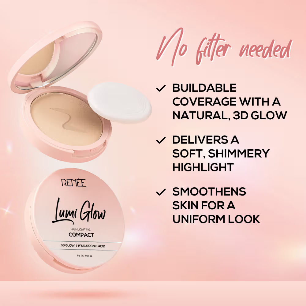 RENEE Lumi Glow Highlighting Compact, Buildable Coverage with 3D Glow & Dewy Finish