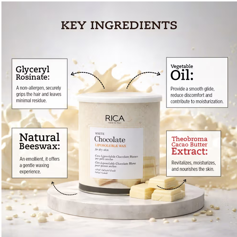 Rica White Chocolate Liposoluble Wax For Dry Skin With Glyceryl Rosinate & Natural Beeswax