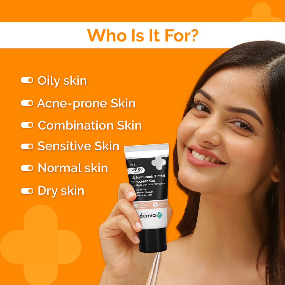 The Derma Co 1% Hyaluronic Tinted Sunscreen Gel For Broad Spectrum Protection SPF 60 PA++++