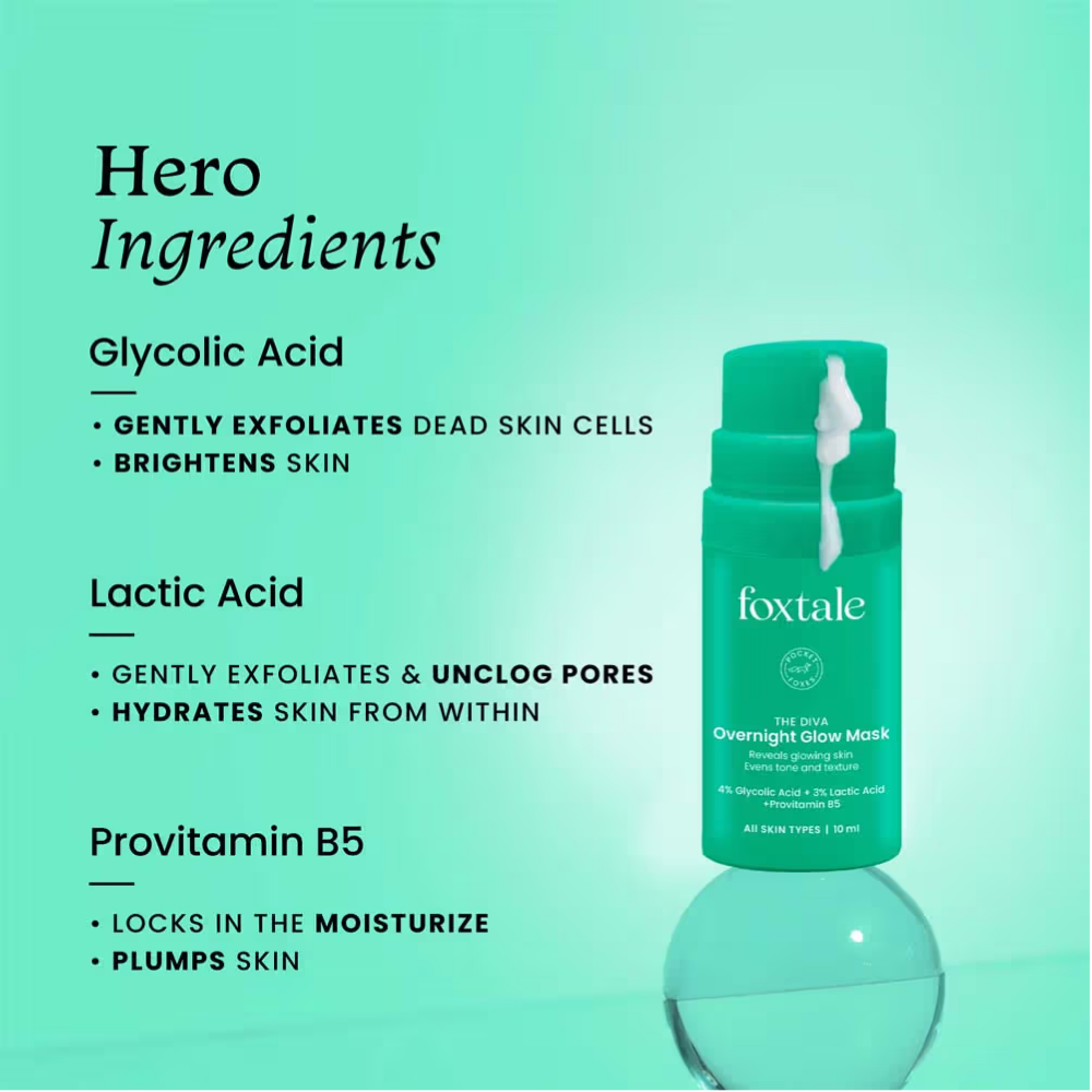 Foxtale Overnight Glow Mask With 4% Glycolic Acid & 3% Lactic Acid For Overnight Salon Like Glow AHA + PHA + Provitamin B5
