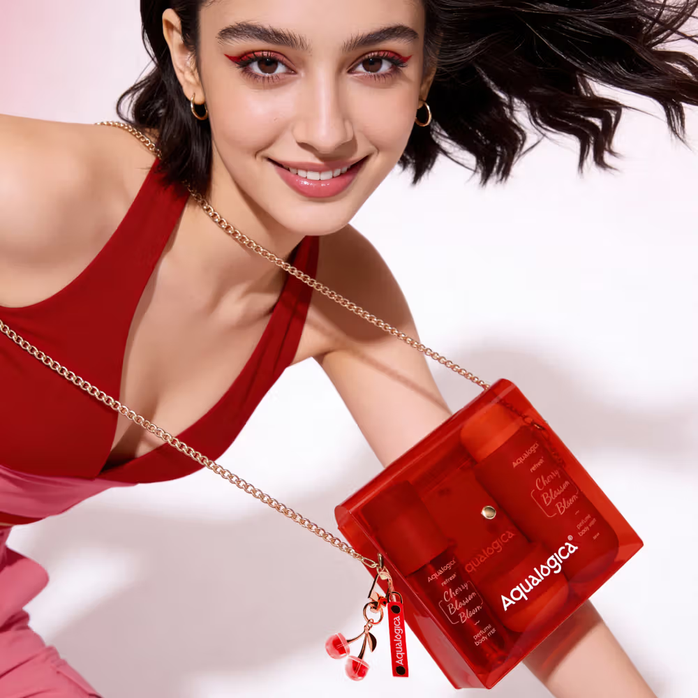 Aqualogica Cherry Blossom Bloom: Body Wash, Hydra Gel, Mist + Sling Bag & Charms Hot Girl Essentials