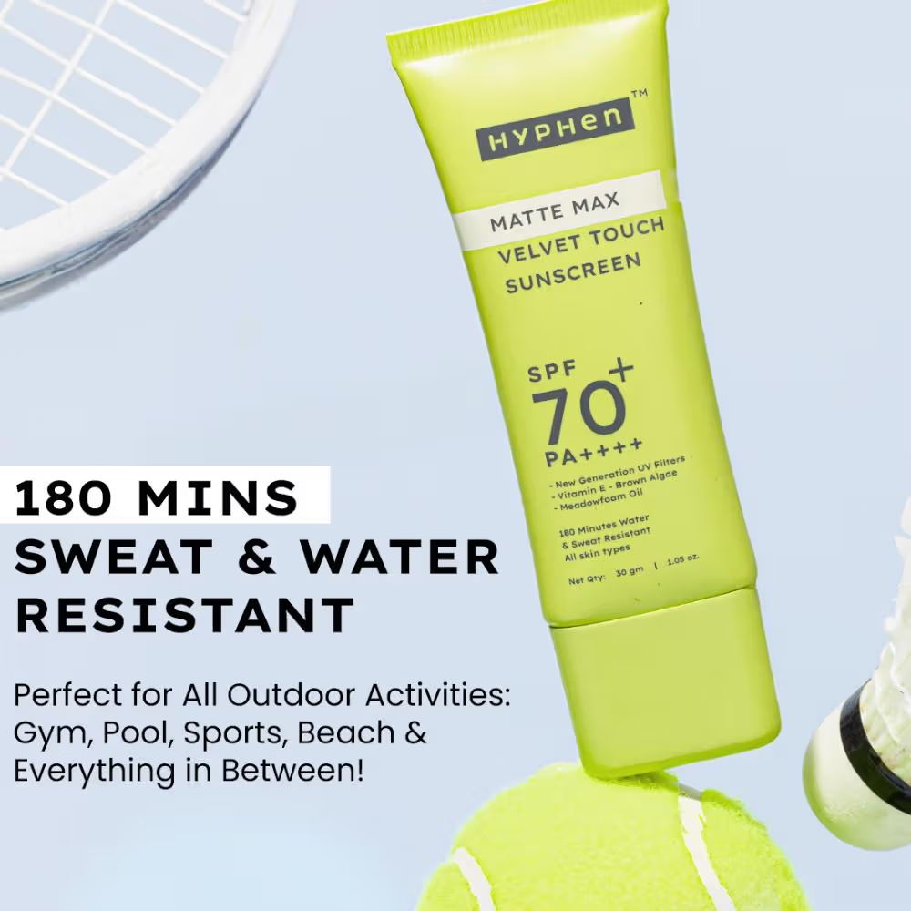 Hyphen Matte Max Velvet Touch Sunscreen SPF70+PA++++ Sweat & Water Resistant 12hr UV Protection