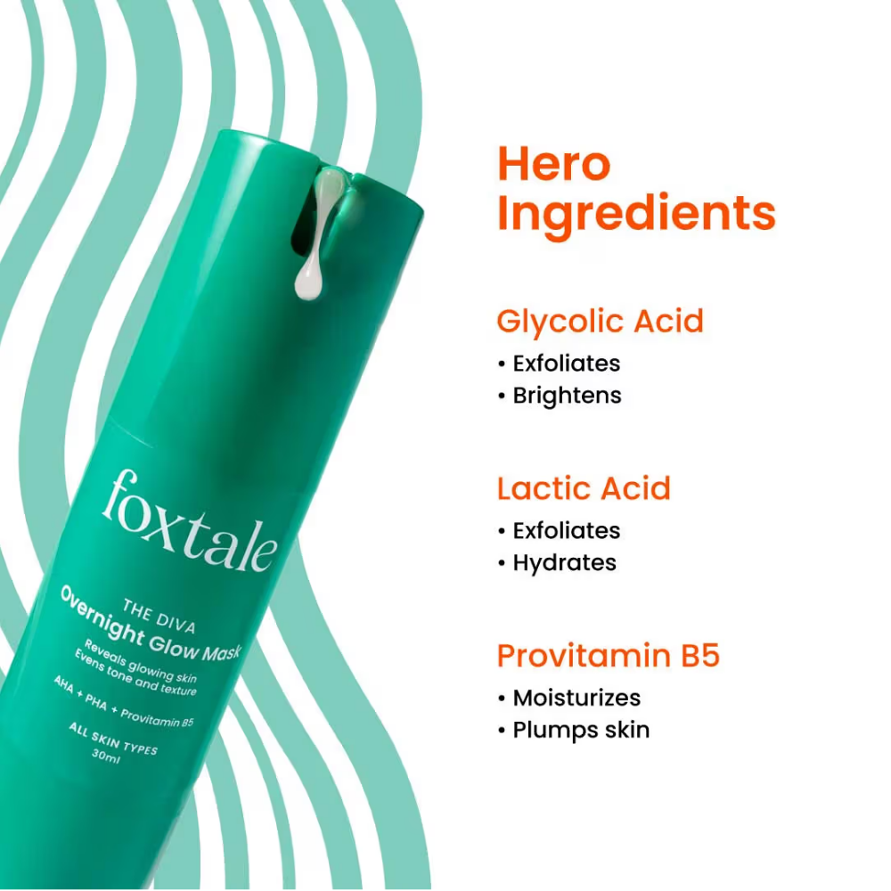 Foxtale Overnight Glow Mask With 4% Glycolic Acid & 3% Lactic Acid For Overnight Salon Like Glow AHA + PHA + Provitamin B5