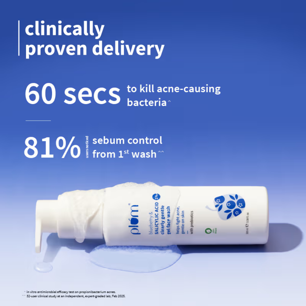 Plum 1% Salicylic Acid & Blueberry Clearly Gentle Gel Face Wash, For Acne Prone & Oily Skin